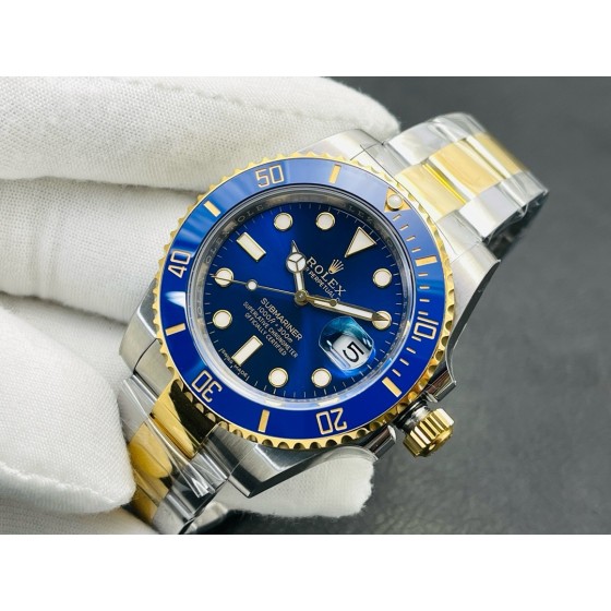 Rolex Submariner series, blue dial, blue bezel, 40mm, silver and gold Oyster bracelet.