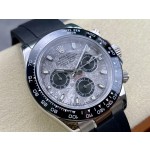 Rolex Daytona series, meteorite dial, black bezel, silver case, 40mm, black rubber strap.