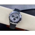Rolex Daytona series, meteorite dial, black bezel, silver case, 40mm, black rubber strap.