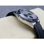 Rolex Daytona series, meteorite dial, black bezel, silver case, 40mm, black rubber strap.