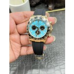 Rolex Daytona series, Tiffany blue dial, black bezel, gold case, 40mm, black rubber strap.