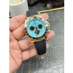 Rolex Daytona series, Tiffany blue dial, black bezel, gold case, 40mm, black rubber strap.