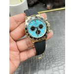 Rolex Daytona series, Tiffany blue dial, black bezel, gold case, 40mm, black rubber strap.