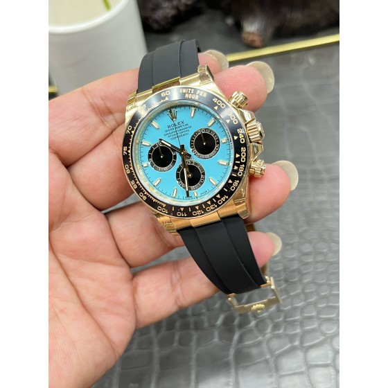 Rolex Daytona series, Tiffany blue dial, black bezel, gold case, 40mm, black rubber strap.