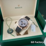 Rolex Daytona series, meteorite dial, black bezel, rose gold case, 40mm, rubber strap.