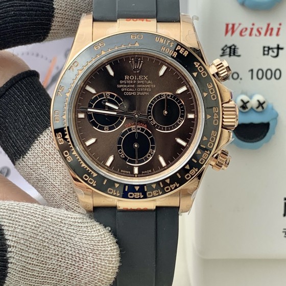 Rolex Daytona series, chocolate-colored dial, black bezel, rose gold case, 40mm, rubber strap.