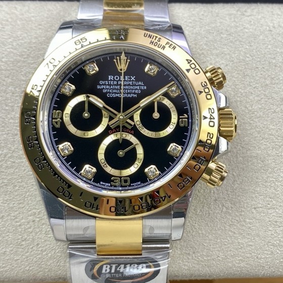Rolex Daytona series, black dial, gold bezel, silver case, 40mm, gold and silver Oyster bracelet.