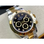 Rolex Daytona series, black dial, gold bezel, silver case, 40mm, gold and silver Oyster bracelet.