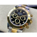 Rolex Daytona series, black dial, gold bezel, silver case, 40mm, gold and silver Oyster bracelet.