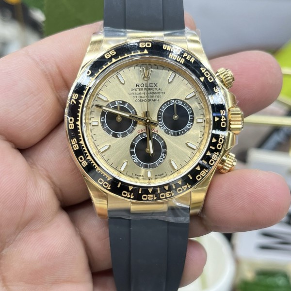 Rolex Daytona series, gold dial, black bezel, gold case, 40mm, rubber strap.