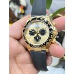 Rolex Daytona series, gold dial, black bezel, gold case, 40mm, rubber strap.