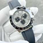 Rolex Daytona series, silver dial, black bezel, silver case, 40mm, rubber strap.