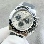 Rolex Daytona series, silver dial, black bezel, silver case, 40mm, rubber strap.