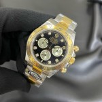 Rolex Daytona series, diamond-set black dial, gold bezel, silver case, 40mm, gold and silver Oyster bracelet.