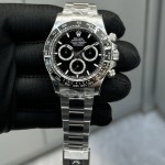 Rolex Daytona series, black dial, black bezel, silver case, 40mm, silver Oyster bracelet.