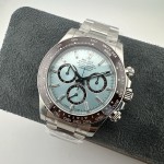 Rolex Daytona series, ice blue dial, black bezel, silver case, 40mm, silver Oyster bracelet.