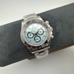 Rolex Daytona series, ice blue dial, black bezel, silver case, 40mm, silver Oyster bracelet.