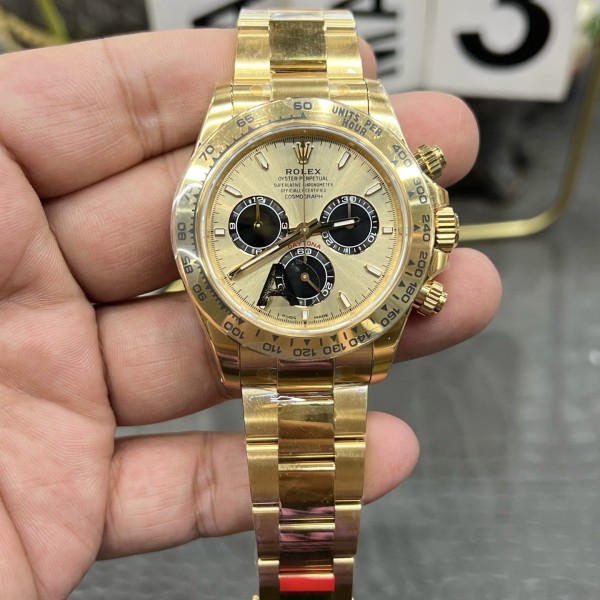 Rolex Daytona series, gold dial, gold bezel, gold case, 40mm, gold Oyster bracelet.