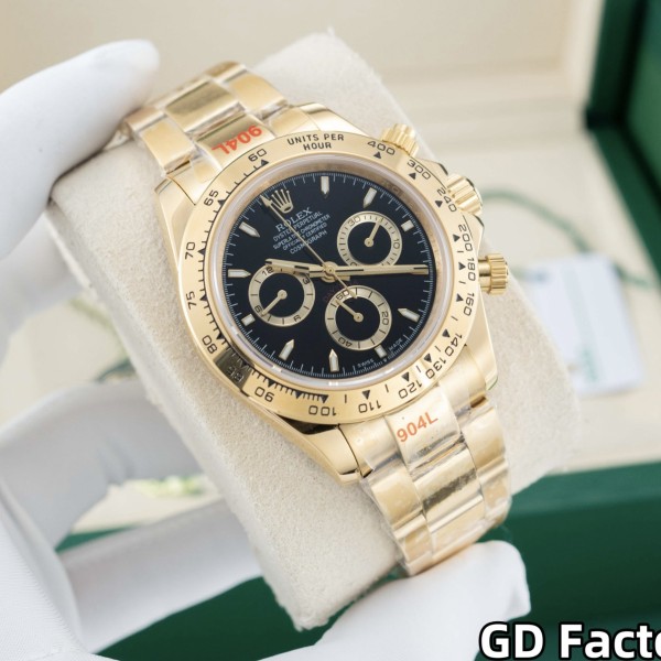 Rolex Daytona series, black dial, gold bezel, gold case, 40mm, gold Oyster bracelet.