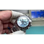 Rolex Daytona series, blue dial, black bezel, silver case, 40mm, silver Oyster bracelet.