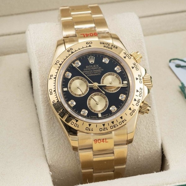 Rolex Daytona series, diamond-set black dial, gold bezel, gold case, 40mm, gold Oyster bracelet.