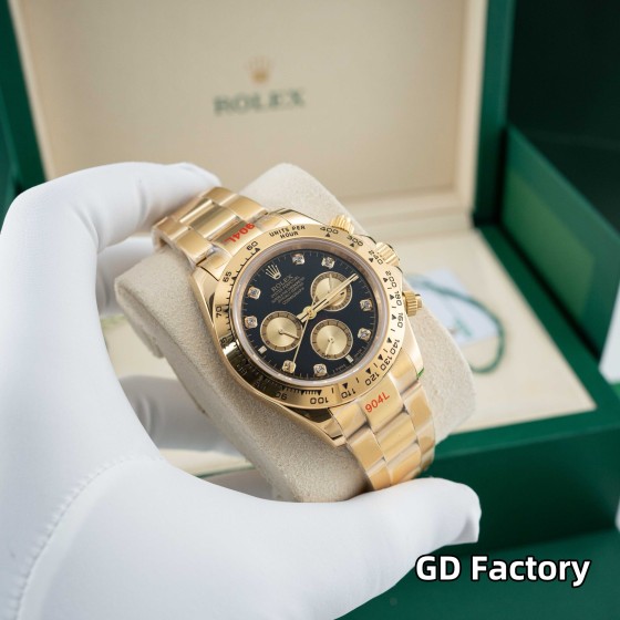Rolex Daytona series, diamond-set black dial, gold bezel, gold case, 40mm, gold Oyster bracelet.