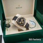 Rolex Daytona series, diamond-set black dial, black bezel, gold case, 40mm, rubber strap.