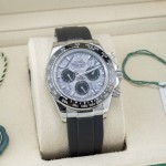 Rolex Daytona series, meteorite dial, black bezel, silver case, 40mm, rubber strap.
