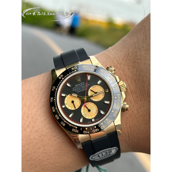 Rolex Daytona series, black dial, black bezel, gold case, 40mm, rubber strap.