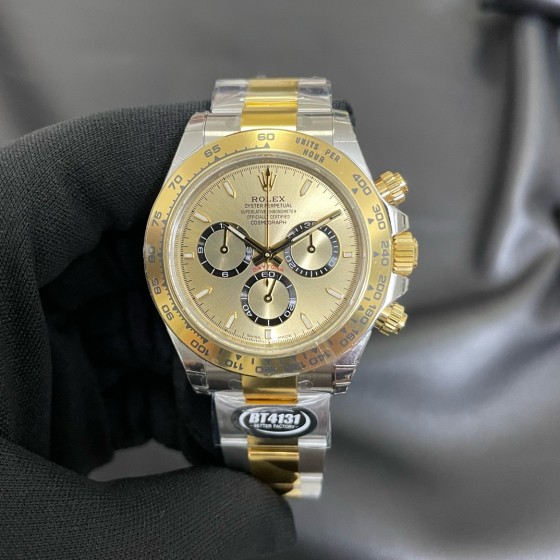 Rolex Daytona series, gold dial, gold bezel, silver case, 40mm, gold and silver Oyster bracelet.