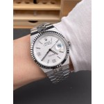 Rolex Explorer series, white dial, silver case, silver bracelet.