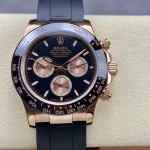 Rolex Daytona series, black dial, black bezel, rose gold case, 40mm, rubber strap.