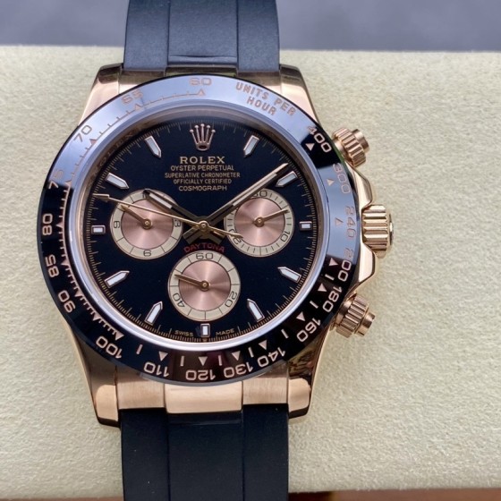 Rolex Daytona series, black dial, black bezel, rose gold case, 40mm, rubber strap.