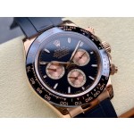 Rolex Daytona series, black dial, black bezel, rose gold case, 40mm, rubber strap.