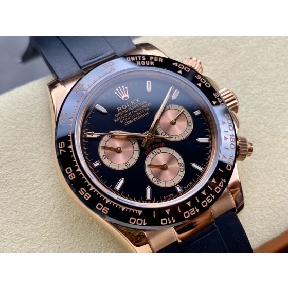 Rolex Daytona series, black dial, black bezel, rose gold case, 40mm, rubber strap.