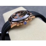 Rolex Daytona series, black dial, black bezel, rose gold case, 40mm, rubber strap.