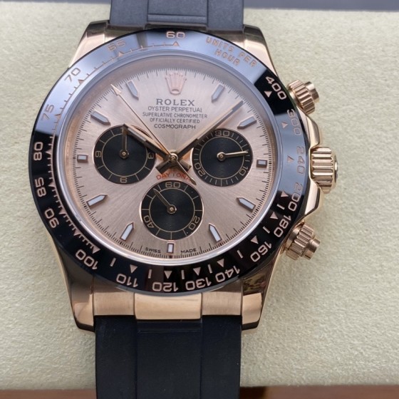 Rolex Daytona series, rose gold dial, black bezel, rose gold case, 40mm, rubber strap.
