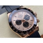 Rolex Daytona series, rose gold dial, black bezel, rose gold case, 40mm, rubber strap.