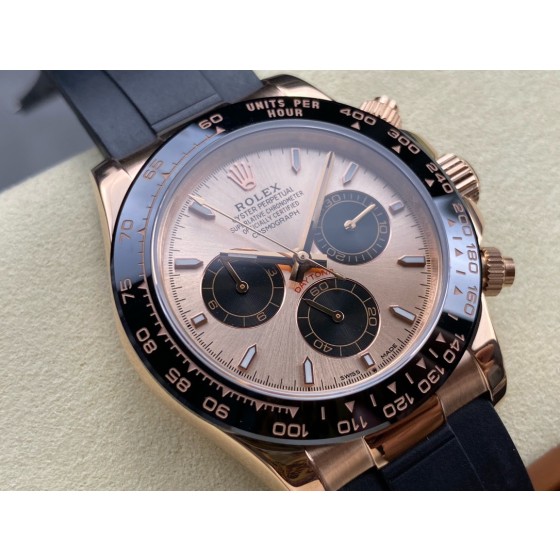 Rolex Daytona series, rose gold dial, black bezel, rose gold case, 40mm, rubber strap.