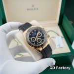 Rolex Daytona series, black dial, black bezel, gold case, 40mm, rubber strap.