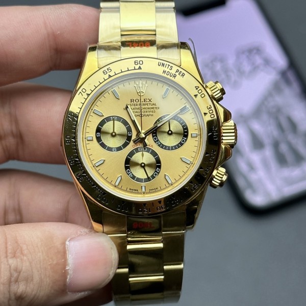 Rolex Daytona series, gold dial, gold bezel, gold case, 40mm, gold Oyster bracelet.