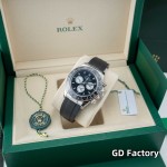 Rolex Daytona series, black dial, black bezel, silver case, 40mm, rubber strap.