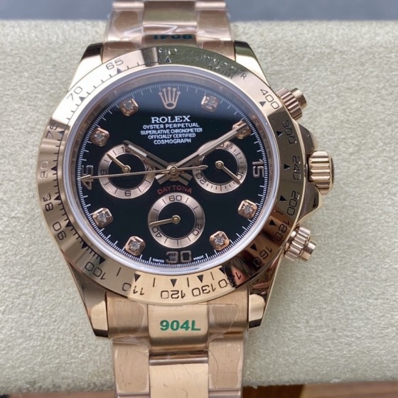 Rolex Daytona series, diamond-set black dial, rose gold bezel, rose gold case, 40mm, rose gold Oyster bracelet.