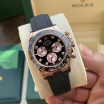 Rolex Daytona series with diamond-set black dial, black bezel, rose gold case, 40mm, rubber strap.
