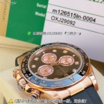 Rolex Daytona series with diamond-set black dial, black bezel, rose gold case, 40mm, rubber strap.