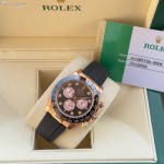 Rolex Daytona series with diamond-set black dial, black bezel, rose gold case, 40mm, rubber strap.