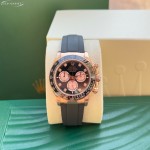 Rolex Daytona series with diamond-set black dial, black bezel, rose gold case, 40mm, rubber strap.