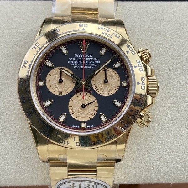 Rolex Daytona series, black dial, gold bezel, gold case, 40mm, gold Oyster bracelet.