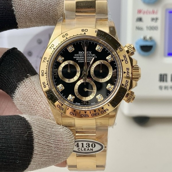 Rolex Daytona series, diamond-set black dial, gold bezel, gold case, 40mm, gold Oyster bracelet.