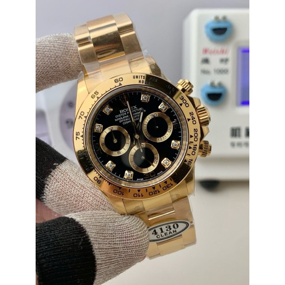 Rolex Daytona series, diamond-set black dial, gold bezel, gold case, 40mm, gold Oyster bracelet.